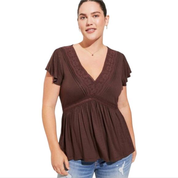 Torrid Chocolate Brown Knit V-Neck Lace Inset Babydoll Top Shirt Plus Size 3 3X - Picture 1 of 12
